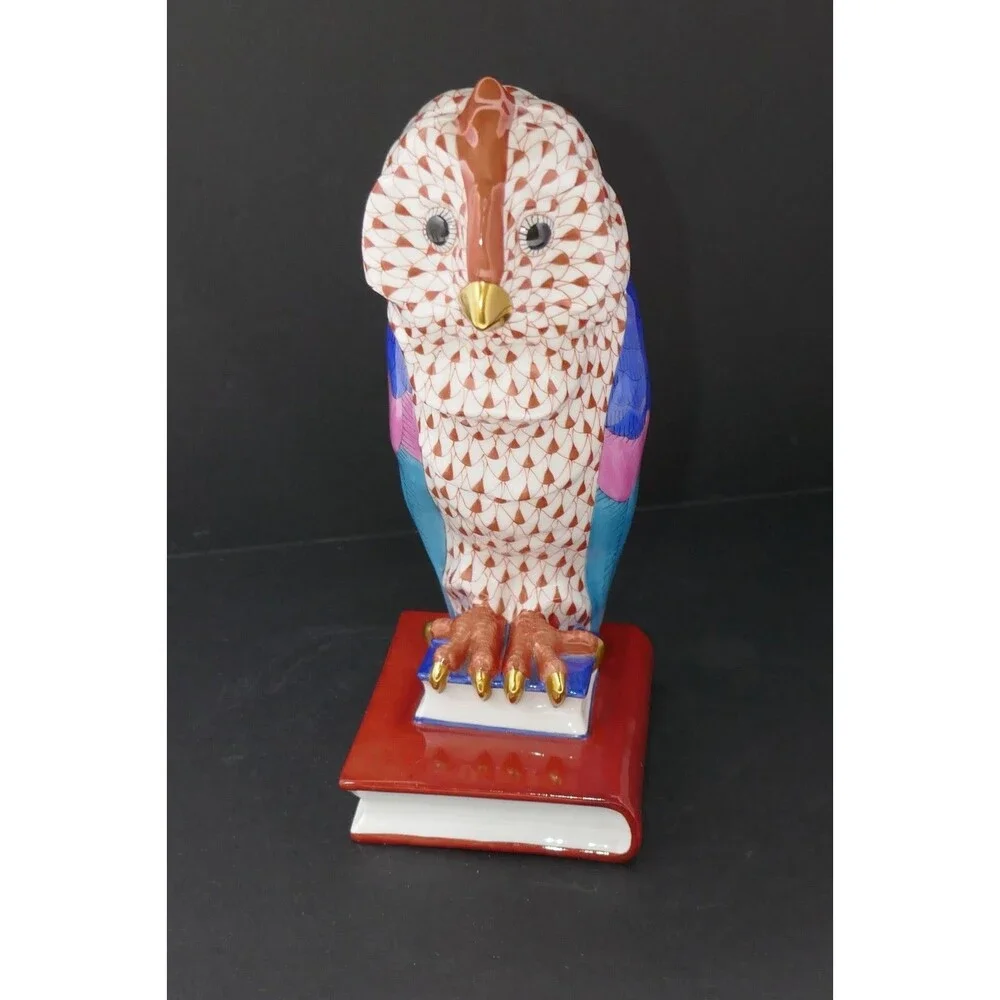 Herend Fishnet Owl on Books Medium Handpainted Porcelain Figurine 5104 Hungary - Picture 10 of 15